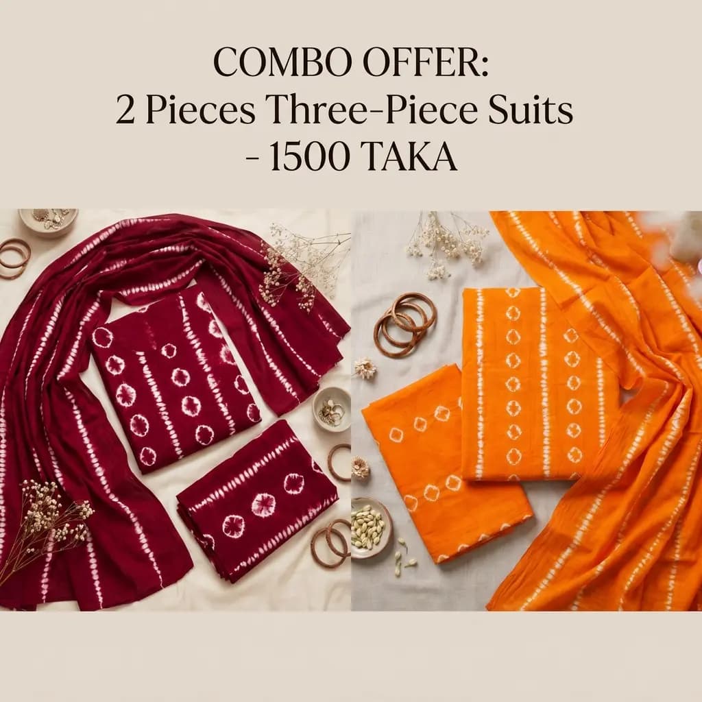 Batik three piece - 2 pis Combo Maron & Orange